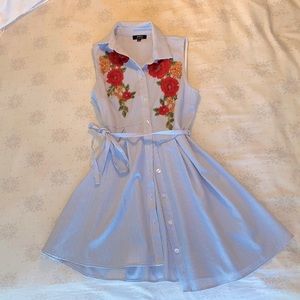 blue & white pin-striped, collared, button-up dress with embroidered flowers